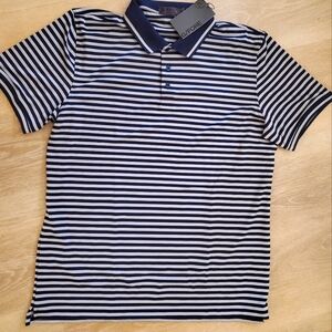 G/FORE Mens Performance Golf Polo Navy Gray Stripe $120 - NWT